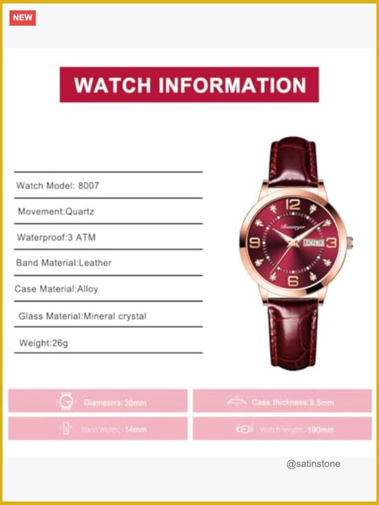 Leather Women\'s Analog Quartz Watch with Date Window Luminous Hands 30M Water main image 5